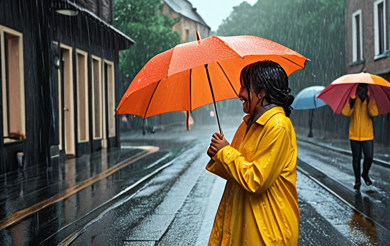** "A person dancing joyfully in the rain with a bright umbrella, symbolizing embracing uncertainty and finding joy in unexpected situations."
**