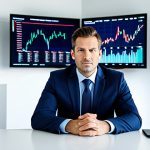 A professional individual in a modest business suit, seated at a sleek modern desk in a high-tech office. Large digital screens in the background display dynamic, fluctuating stock market charts with both upward and downward trends, symbolizing market volatility. The subject's expression is calm, thoughtful, and composed, reflecting wisdom and adaptation rather than fear. The lighting is bright and professional, emphasizing clarity and control. fully clothed, appropriate attire, safe for work, perfect anatomy, correct proportions, natural pose, professional photography, high quality, family-friendly.