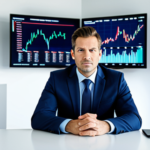 Home 6 A professional individual in a modest business suit, seated at a sleek modern desk in a high-tech office. Large digital screens in the background display dynamic, fluctuating stock market charts with both upward and downward trends, symbolizing market volatility. The subject's expression is calm, thoughtful, and composed, reflecting wisdom and adaptation rather than fear. The lighting is bright and professional, emphasizing clarity and control. fully clothed, appropriate attire, safe for work, perfect anatomy, correct proportions, natural pose, professional photography, high quality, family-friendly.