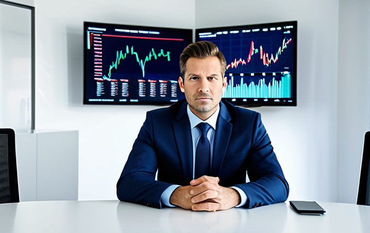 A professional individual in a modest business suit, seated at a sleek modern desk in a high-tech office. Large digital screens in the background display dynamic, fluctuating stock market charts with both upward and downward trends, symbolizing market volatility. The subject's expression is calm, thoughtful, and composed, reflecting wisdom and adaptation rather than fear. The lighting is bright and professional, emphasizing clarity and control. fully clothed, appropriate attire, safe for work, perfect anatomy, correct proportions, natural pose, professional photography, high quality, family-friendly.